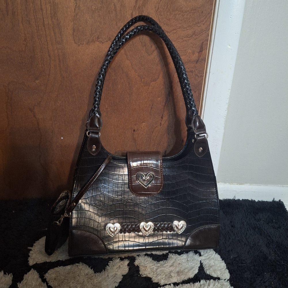Rustic Black leather purse with Silver heart accents